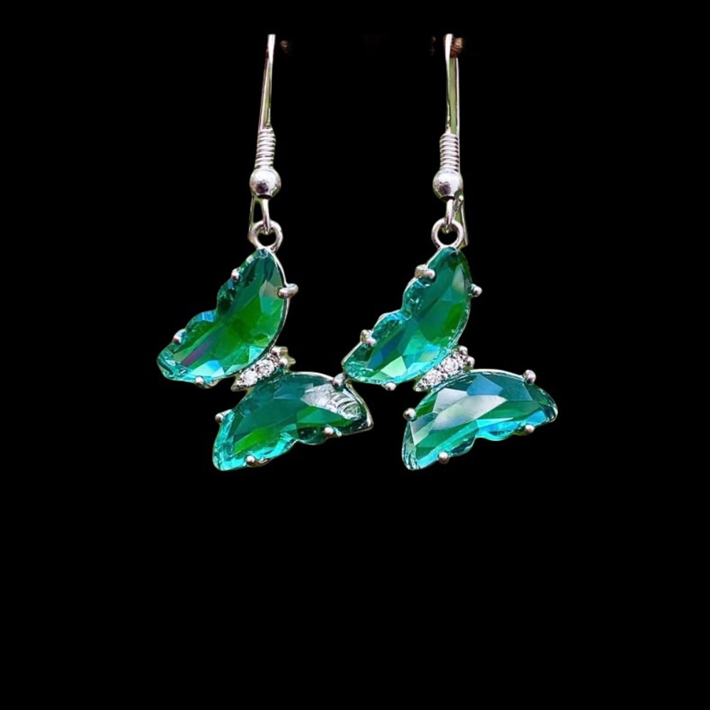 Crystal Butterfly Earrings • Green Crystals • Silver Tone Finish